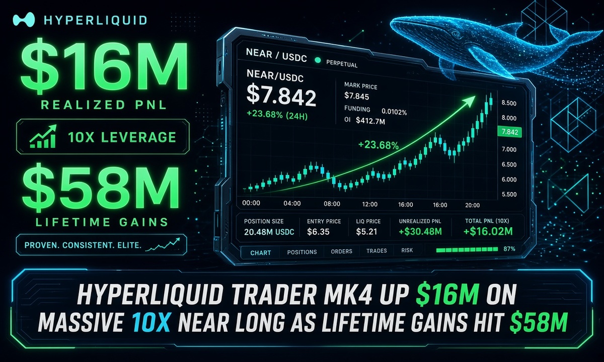 Hyperliquid Trader MK4 Up $16M on Massive 10x NEAR Long as Lifetime Gains Hit $58M Hyperliquid Trader MK4
